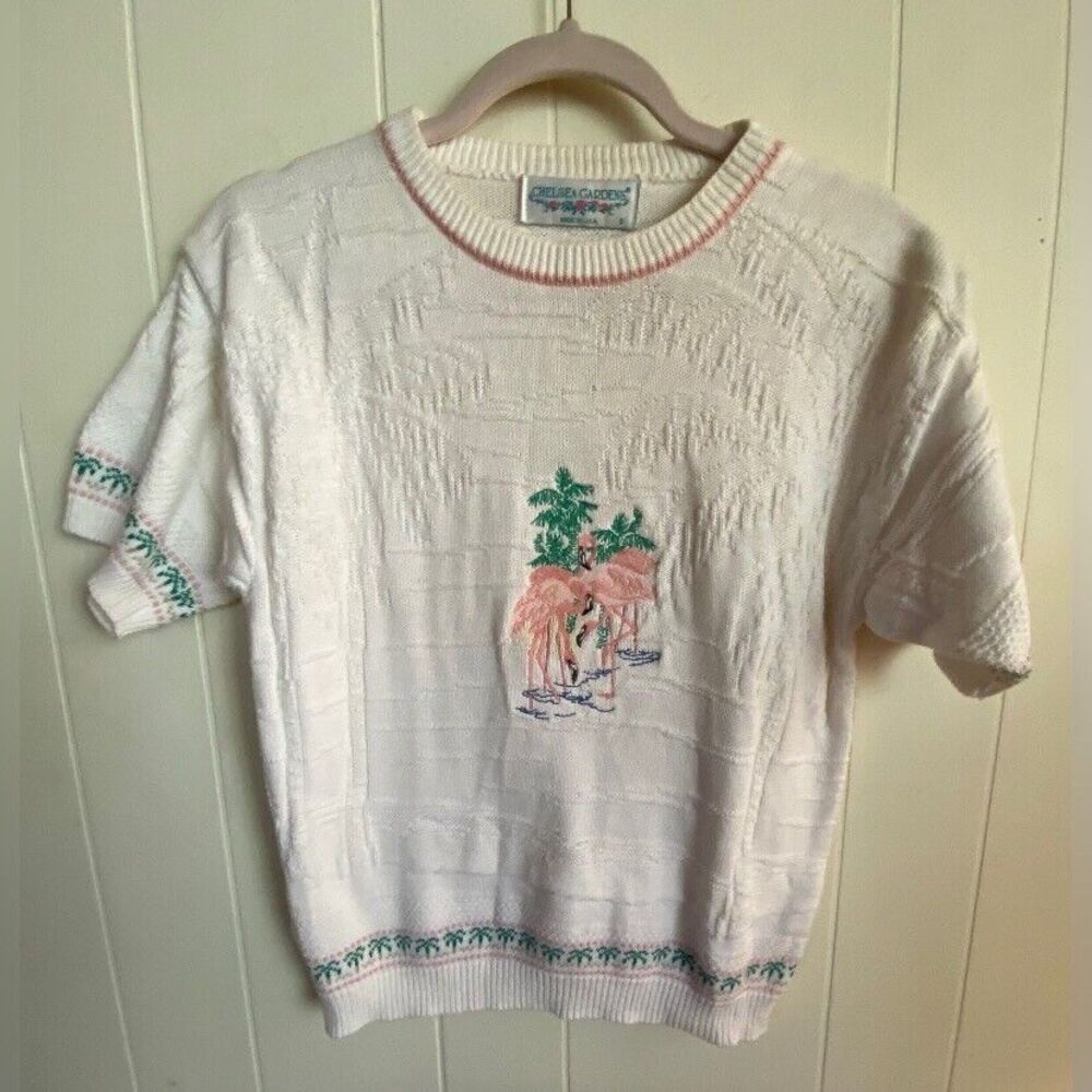 Chelsea Gardens Top Women’s Small White Cotton Flamingos Textured Vintage Beach
